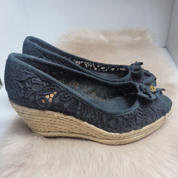 Tory Burch Jackie Wedge Womens Black Lace Espadrille Shoes - Picture 3 of 8